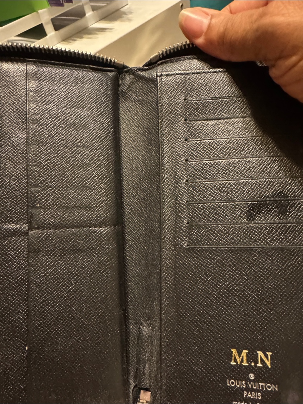 Louis Vuitton Black Textured Zip-Around Card Organizer with Gold Initials